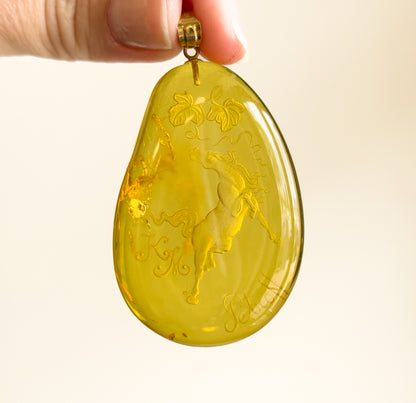 Hand Carved Amber Equestrian Horse Pendant with 18K Gold Bail