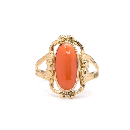 Mid-Century Coral Cabochon Ring in Gold