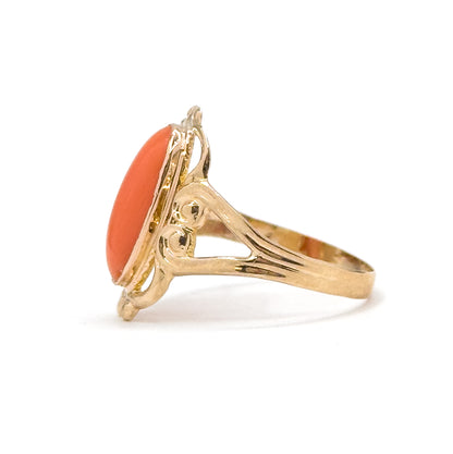 Mid-Century Coral Cabochon Ring in Gold