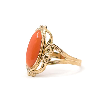 Mid-Century Coral Cabochon Ring in Gold
