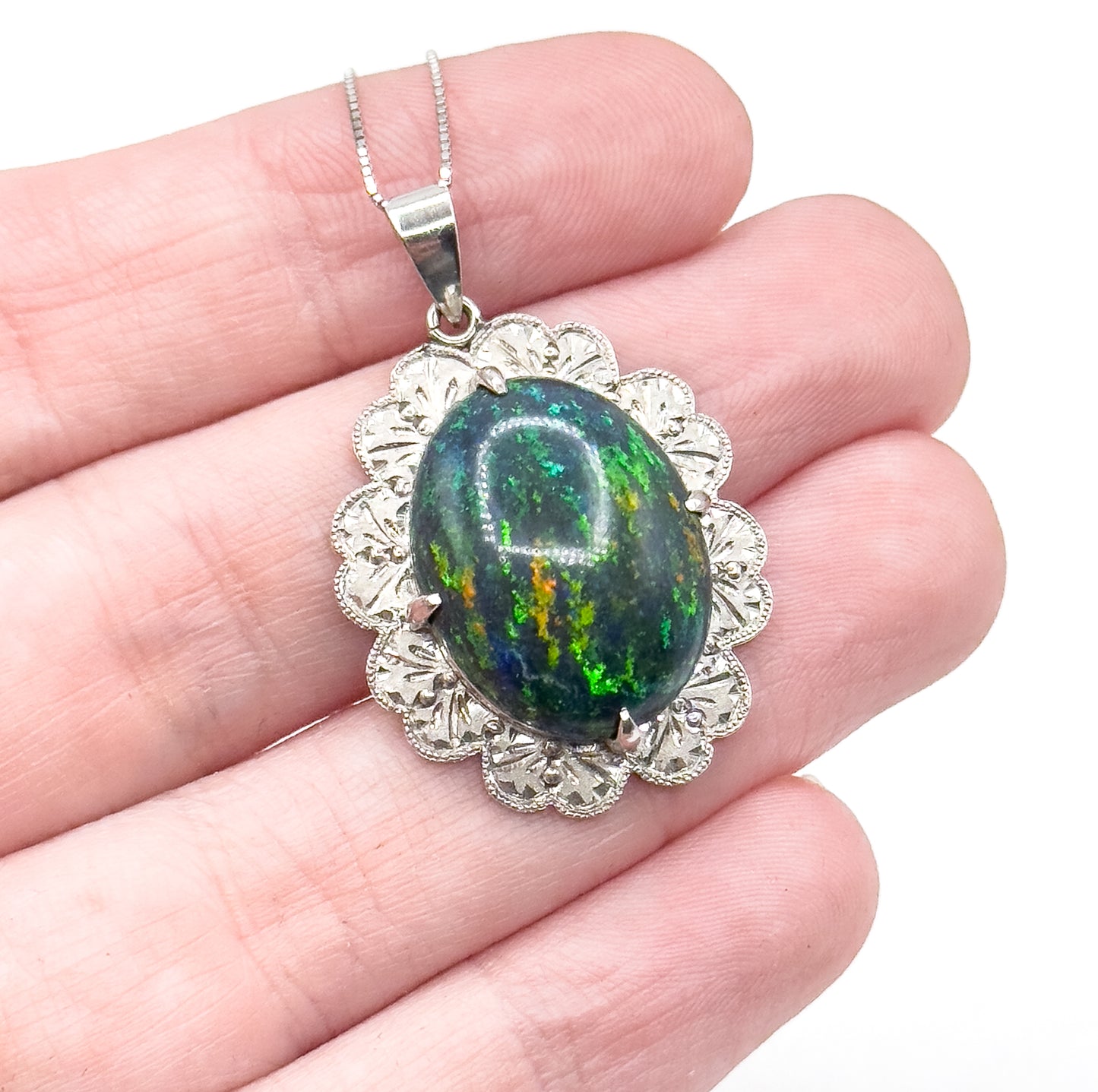 Vintage Black Opal Pendant Necklace in Platinum w GIA report