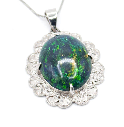 Vintage Black Opal Pendant Necklace in Platinum w GIA report