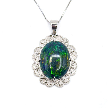 Vintage Black Opal Pendant Necklace in Platinum w GIA report