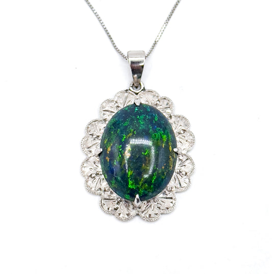 Vintage Black Opal Pendant Necklace in Platinum w GIA report