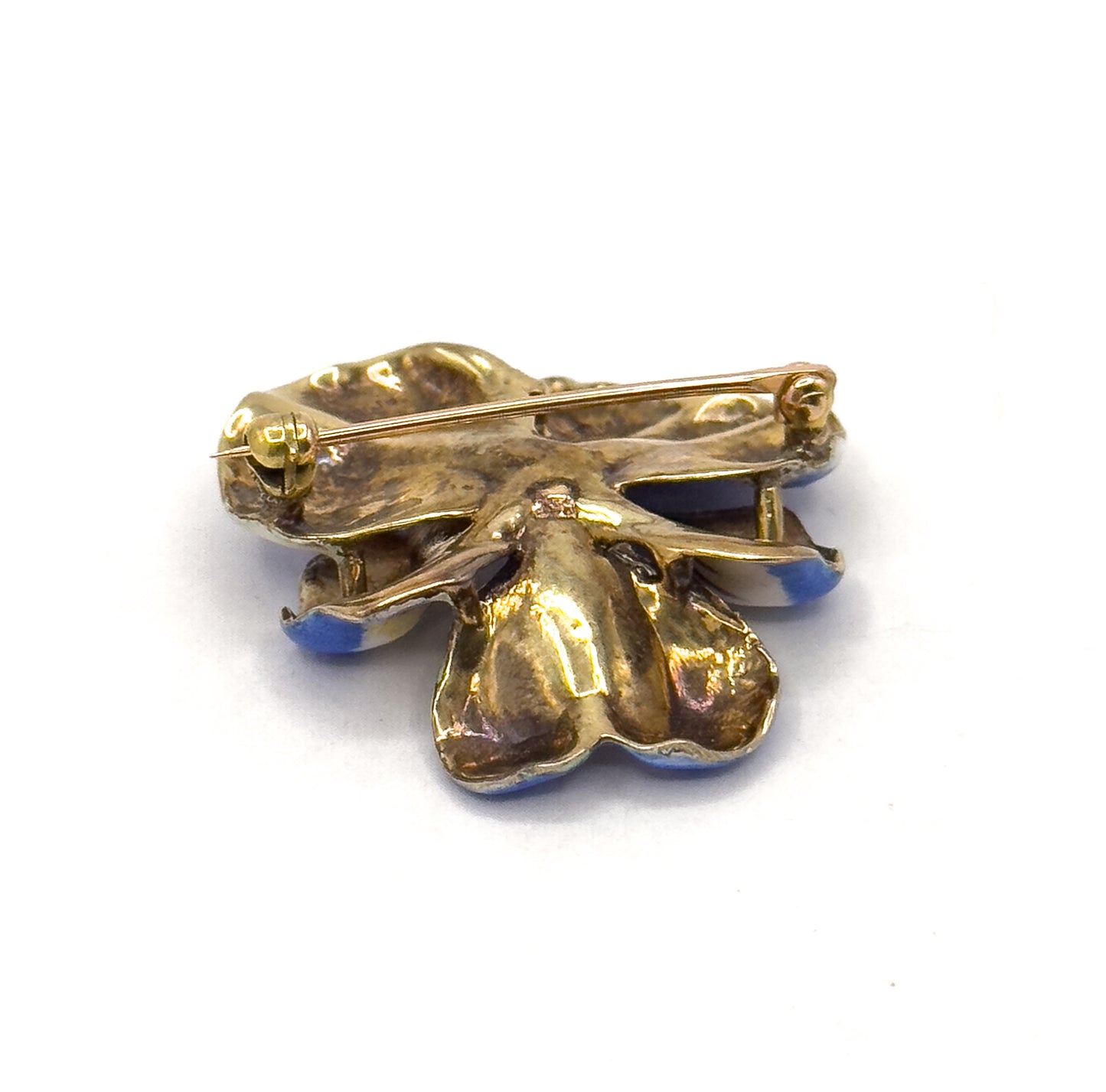 Antique Blue/Puprle Pansy Brooch in 14K Yellow Gold with pearl