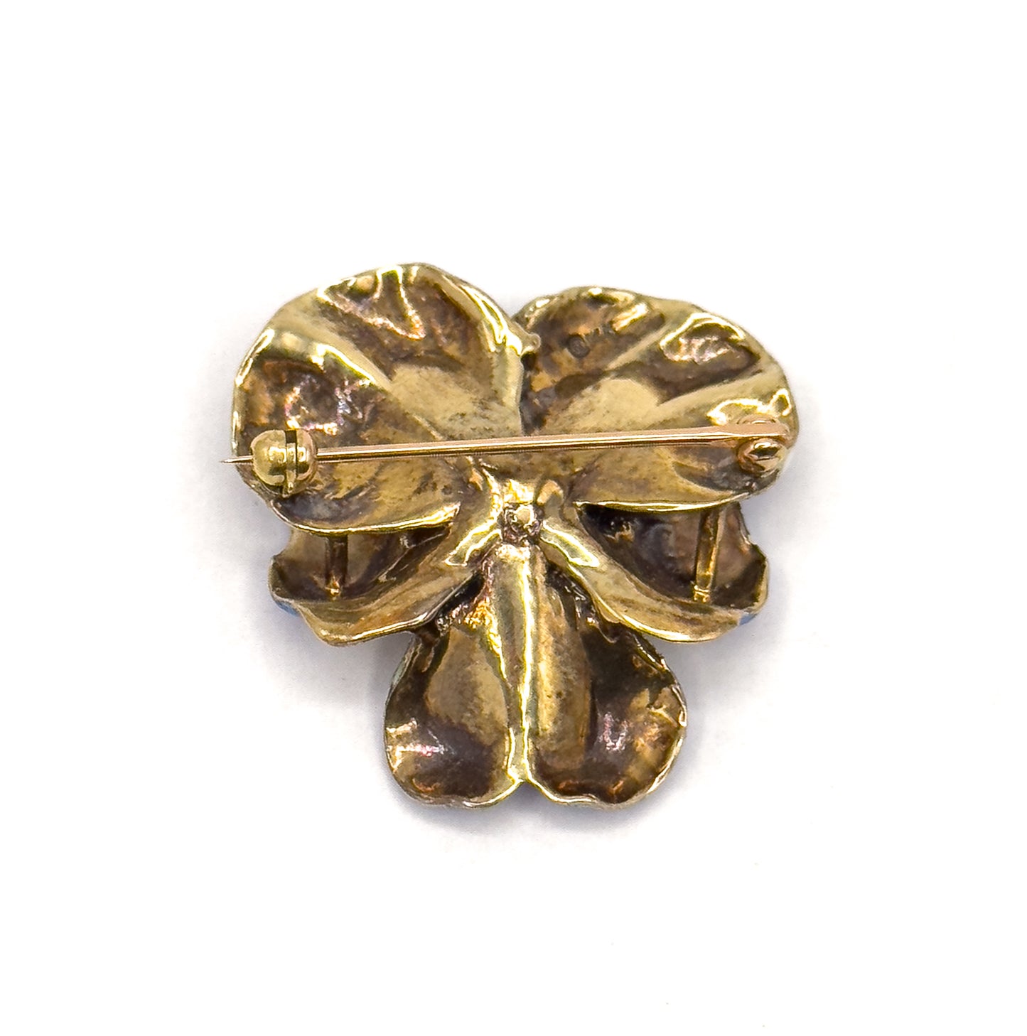Antique Blue/Puprle Pansy Brooch in 14K Yellow Gold with pearl