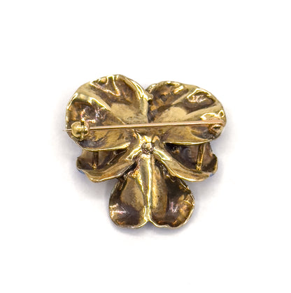 Antique Blue/Puprle Pansy Brooch in 14K Yellow Gold with pearl