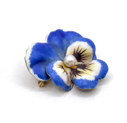 Antique Blue/Puprle Pansy Brooch in 14K Yellow Gold with pearl
