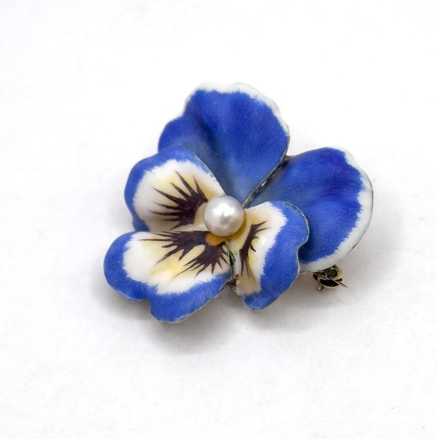 Antique Blue/Puprle Pansy Brooch in 14K Yellow Gold with pearl