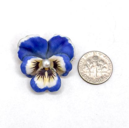 Antique Blue/Puprle Pansy Brooch in 14K Yellow Gold with pearl