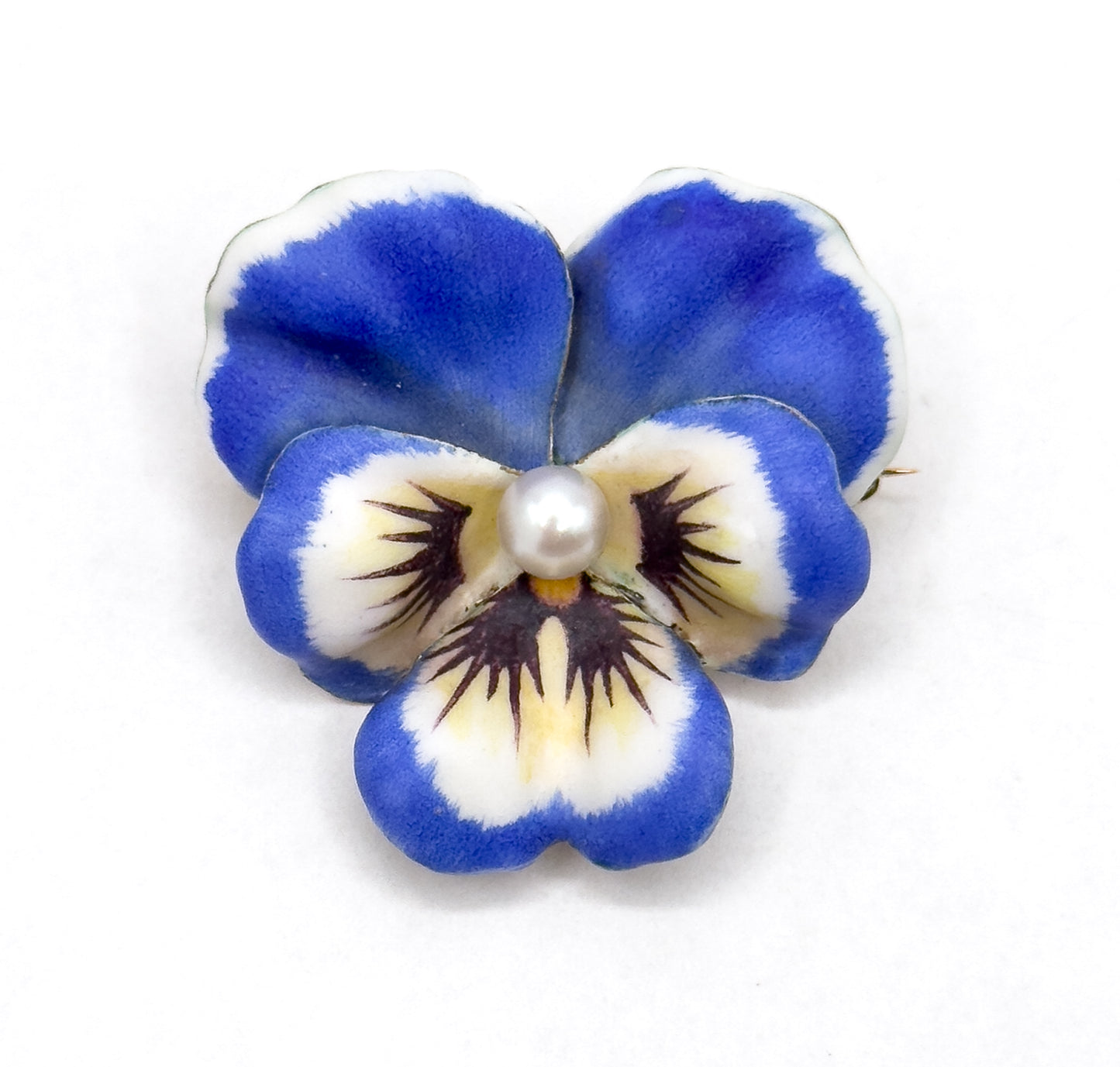 Antique Blue/Puprle Pansy Brooch in 14K Yellow Gold with pearl