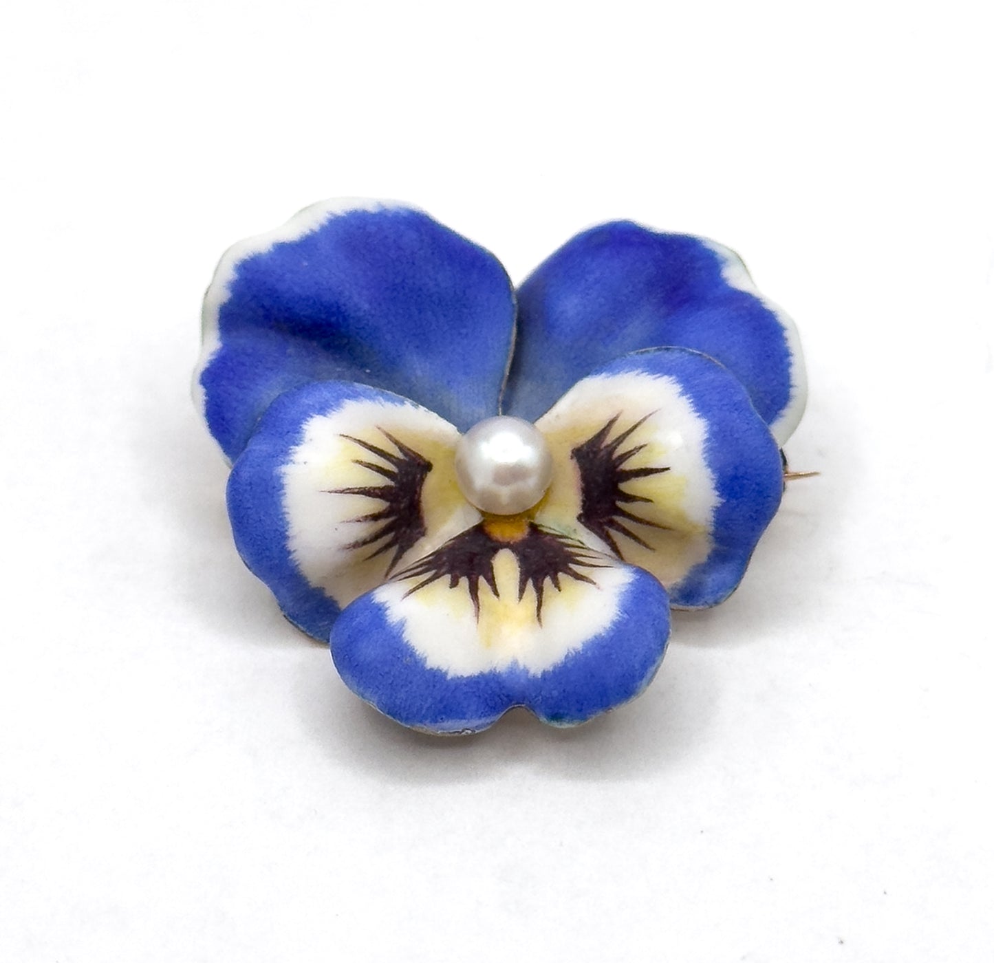 Antique Blue/Puprle Pansy Brooch in 14K Yellow Gold with pearl