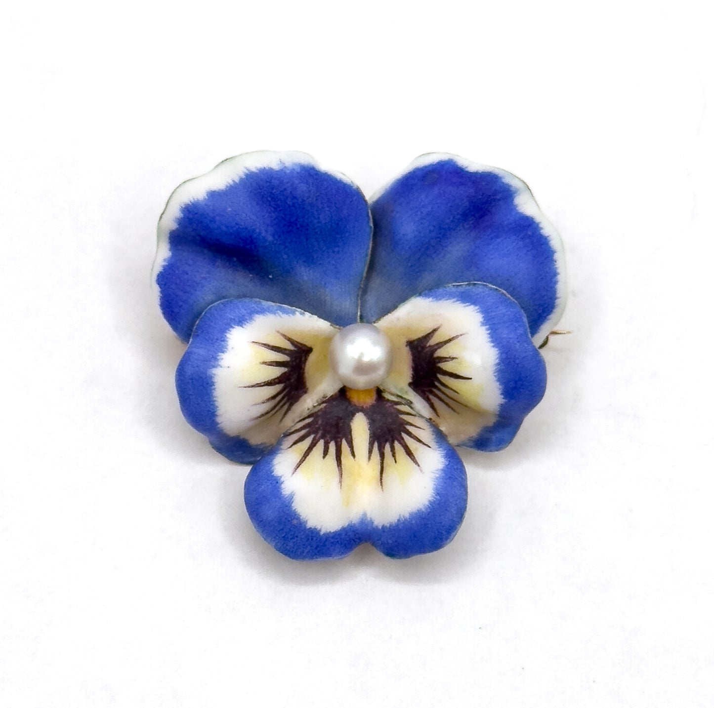 Antique Blue/Puprle Pansy Brooch in 14K Yellow Gold with pearl