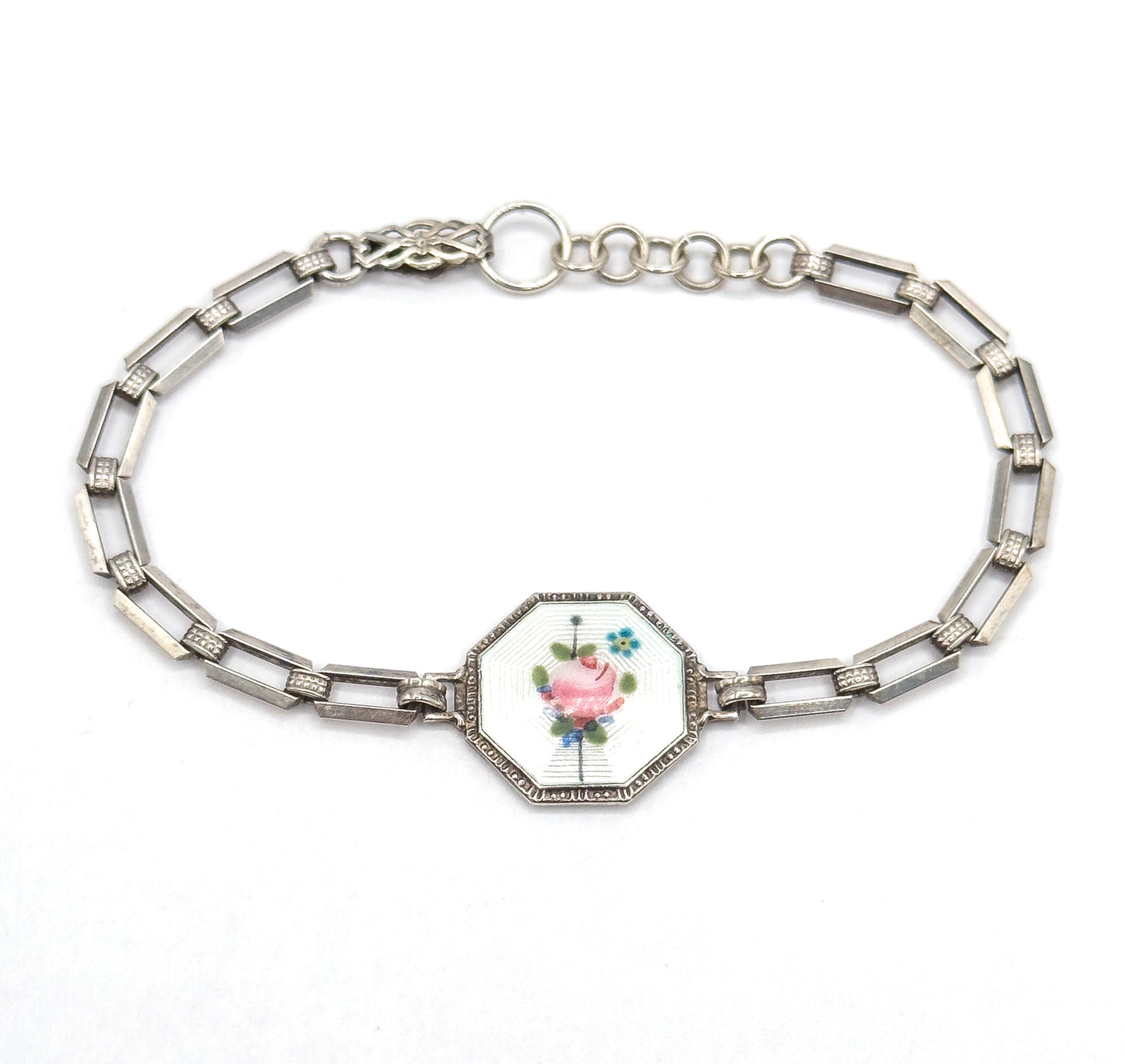 Art Deco Floral Enamel Bracelet in Sterling Silver
