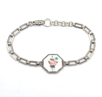 Art Deco Floral Enamel Bracelet in Sterling Silver
