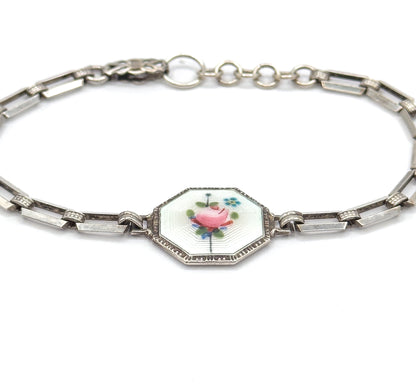 Art Deco Floral Enamel Bracelet in Sterling Silver