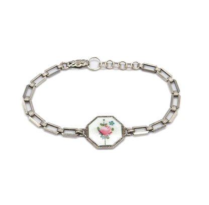 Art Deco Floral Enamel Bracelet in Sterling Silver