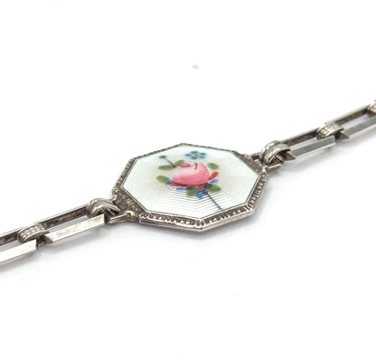 Art Deco Floral Enamel Bracelet in Sterling Silver
