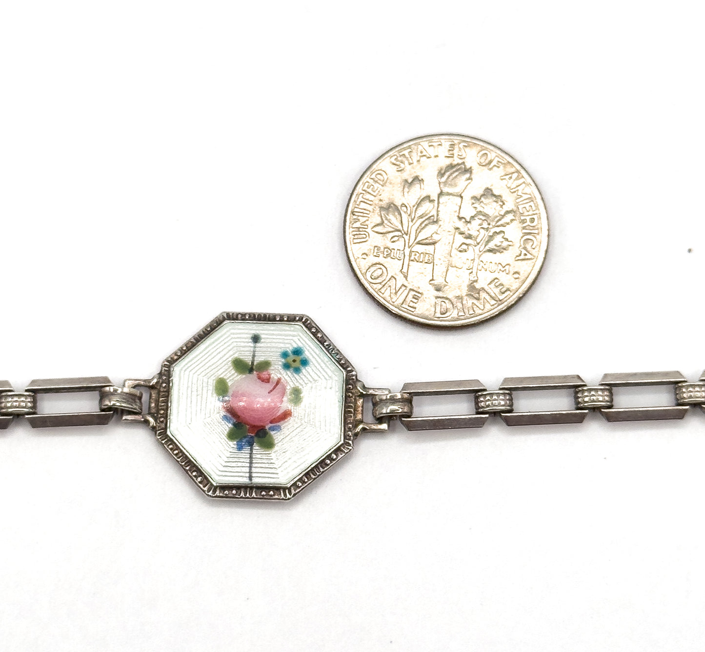 Art Deco Floral Enamel Bracelet in Sterling Silver