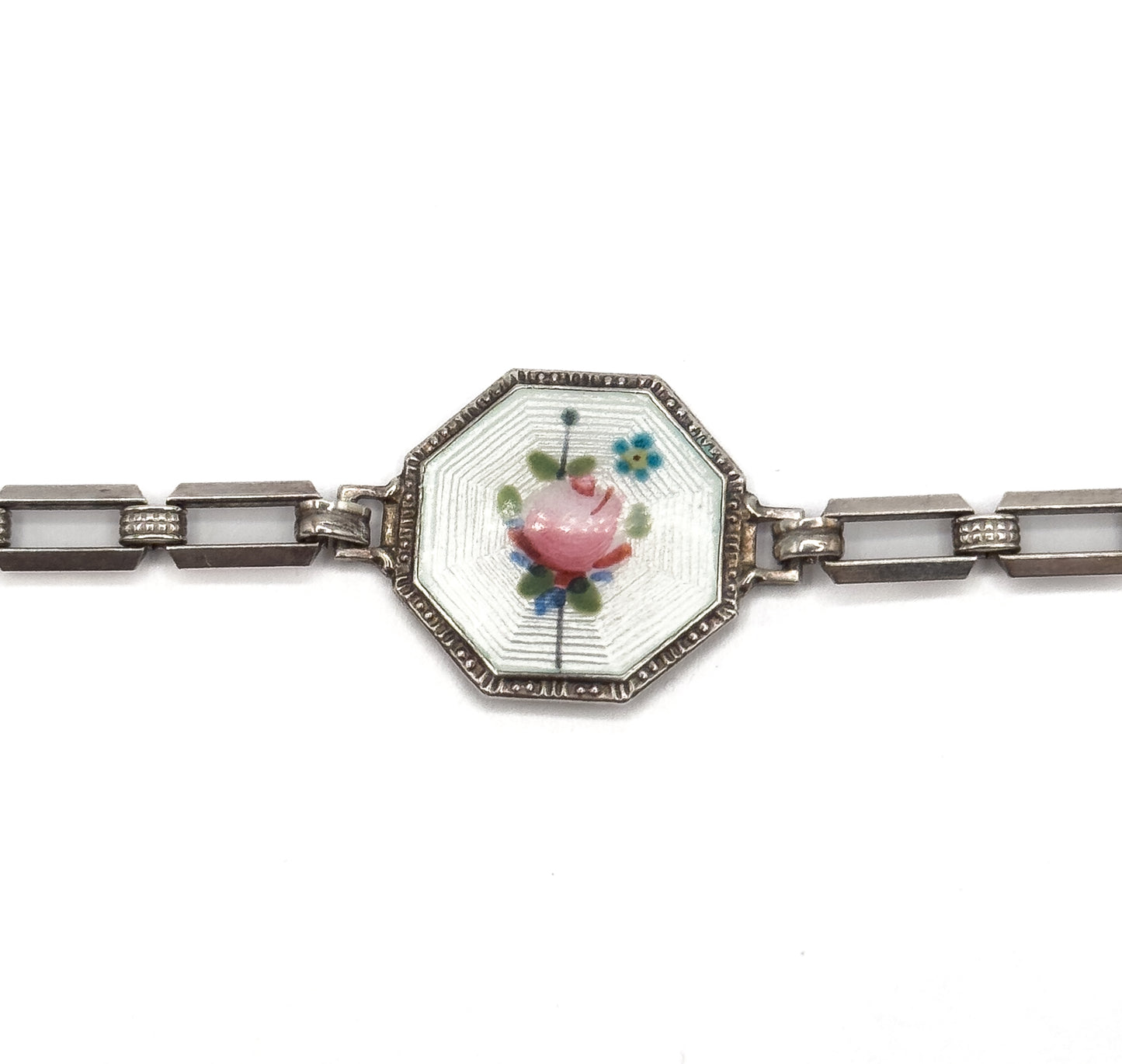 Art Deco Floral Enamel Bracelet in Sterling Silver