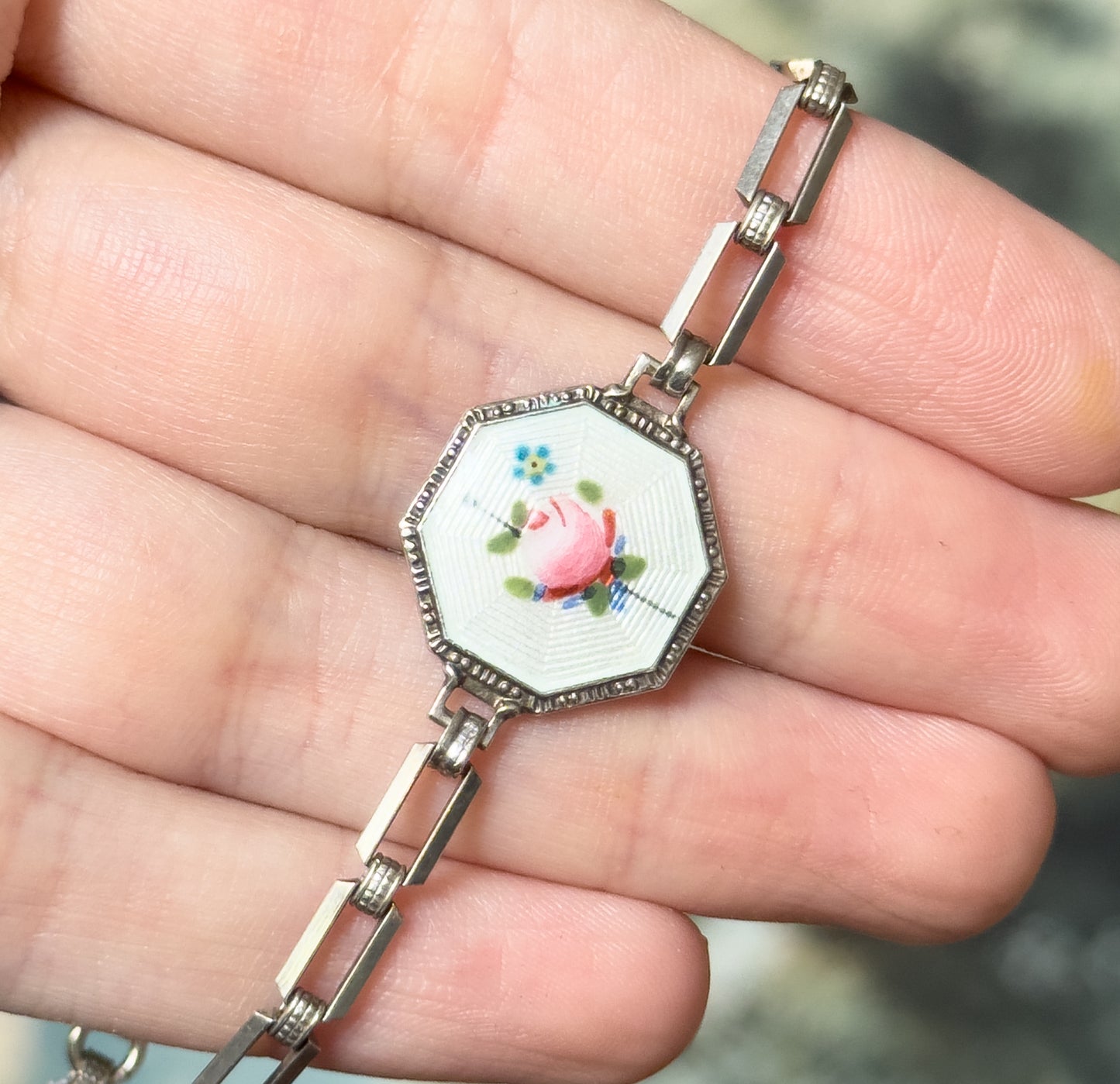 Art Deco Floral Enamel Bracelet in Sterling Silver