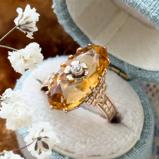 Antique Citrine Ring with Diamond Accent in Rose Gold