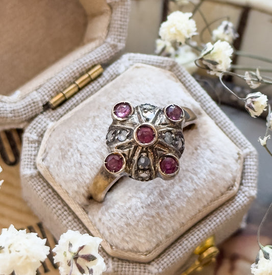Vintage Ruby & Raw Diamond Ring in 12K Gold