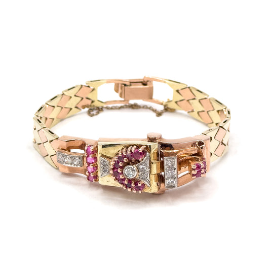 1940s Retro Era Ruby & Diamond Watch Case Bracelet in Rose & Yellow Gold