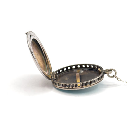 Edwardian Enamel Station Viniagrette Locket Y Drop Necklace in Sterling Silver