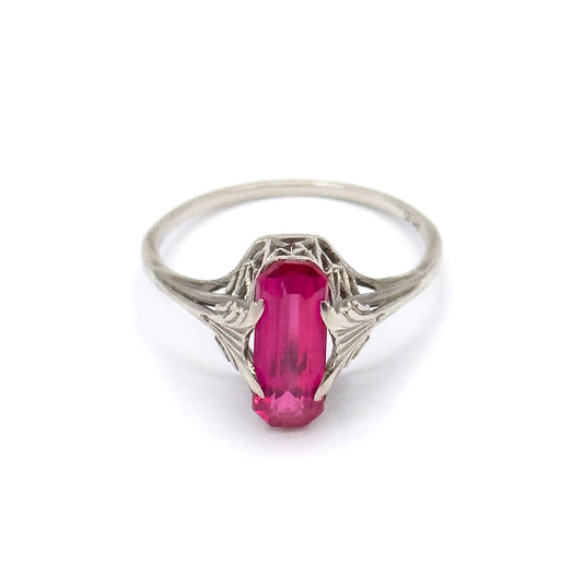 Art Deco Lab-Created Ruby Ring in 14K White Gold