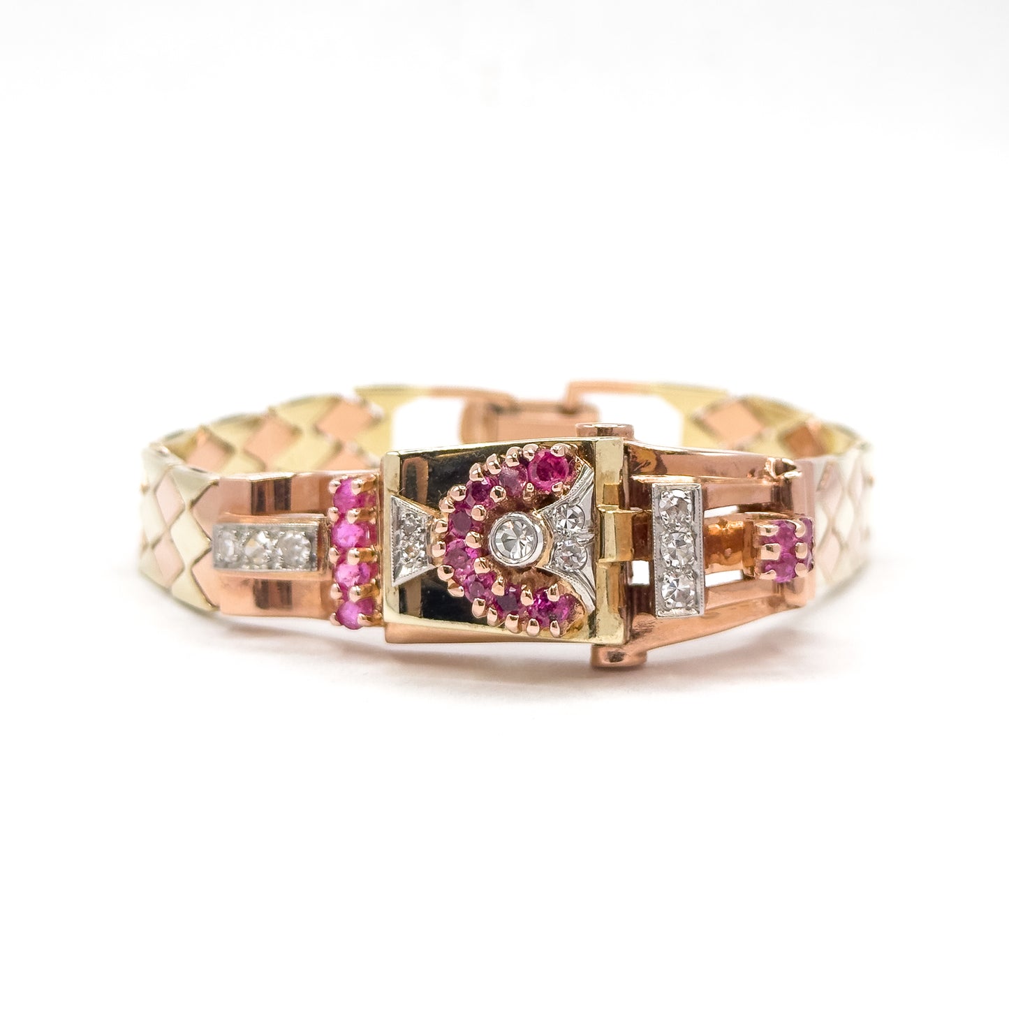 1940s Retro Era Ruby & Diamond Watch Case Bracelet in Rose & Yellow Gold