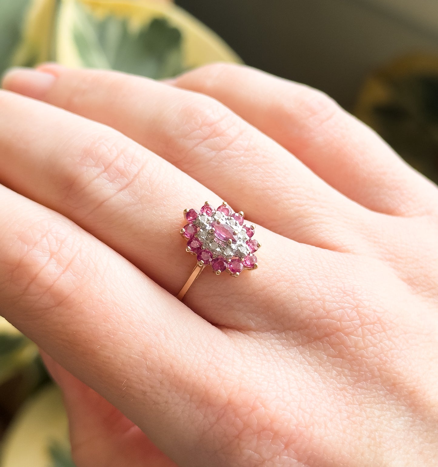 Vintage navette Cluster Marquise Ring with Diamonds and Rubies in 14K Gold