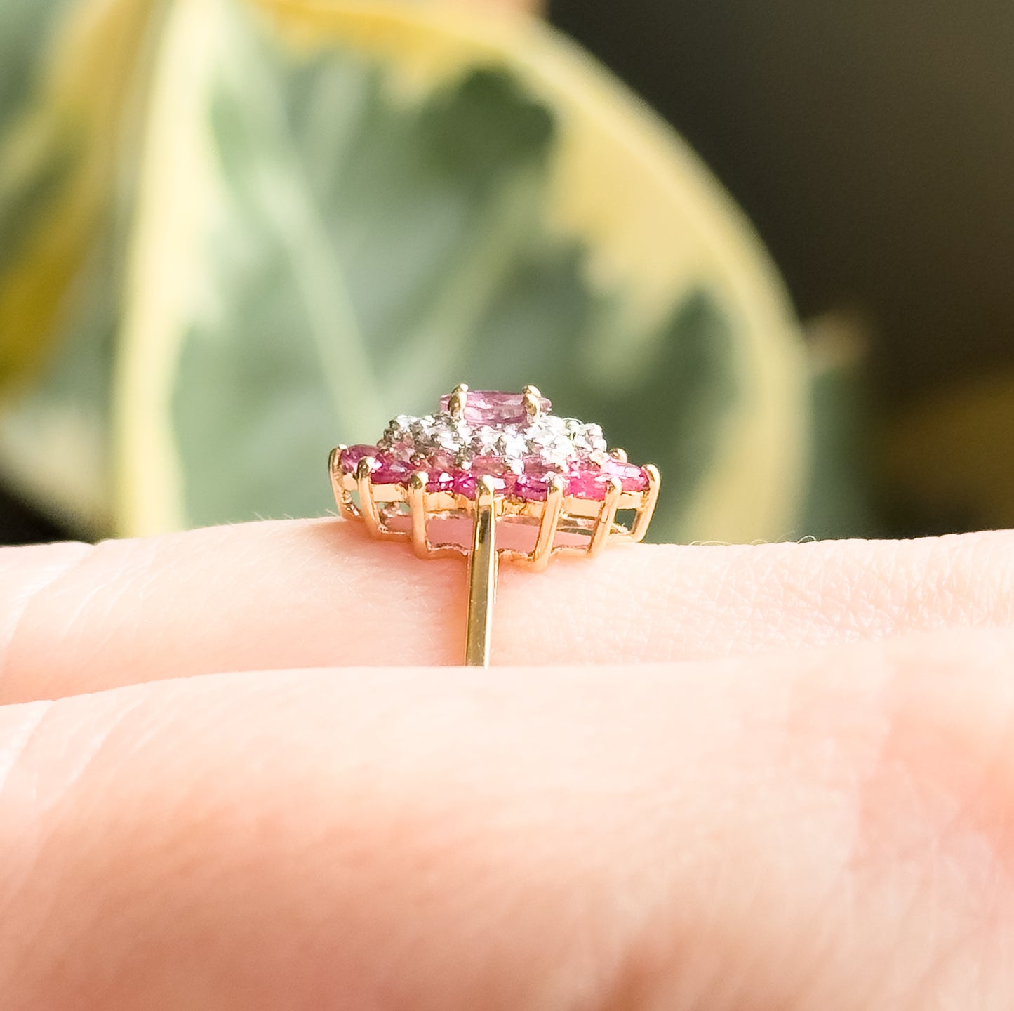 Vintage navette Cluster Marquise Ring with Diamonds and Rubies in 14K Gold