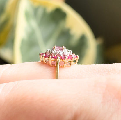 Vintage navette Cluster Marquise Ring with Diamonds and Rubies in 14K Gold