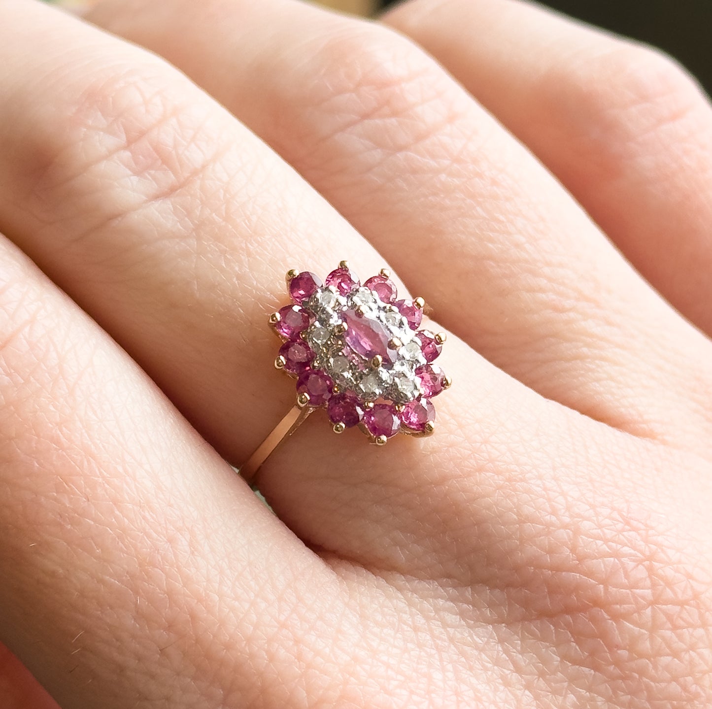 Vintage navette Cluster Marquise Ring with Diamonds and Rubies in 14K Gold