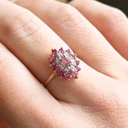 Vintage navette Cluster Marquise Ring with Diamonds and Rubies in 14K Gold