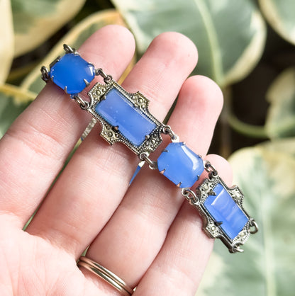 Art Deco Glass Bracelet with Marcasite in Silver Tone Metal