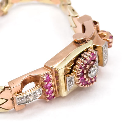 1940s Retro Era Ruby & Diamond Watch Case Bracelet in Rose & Yellow Gold