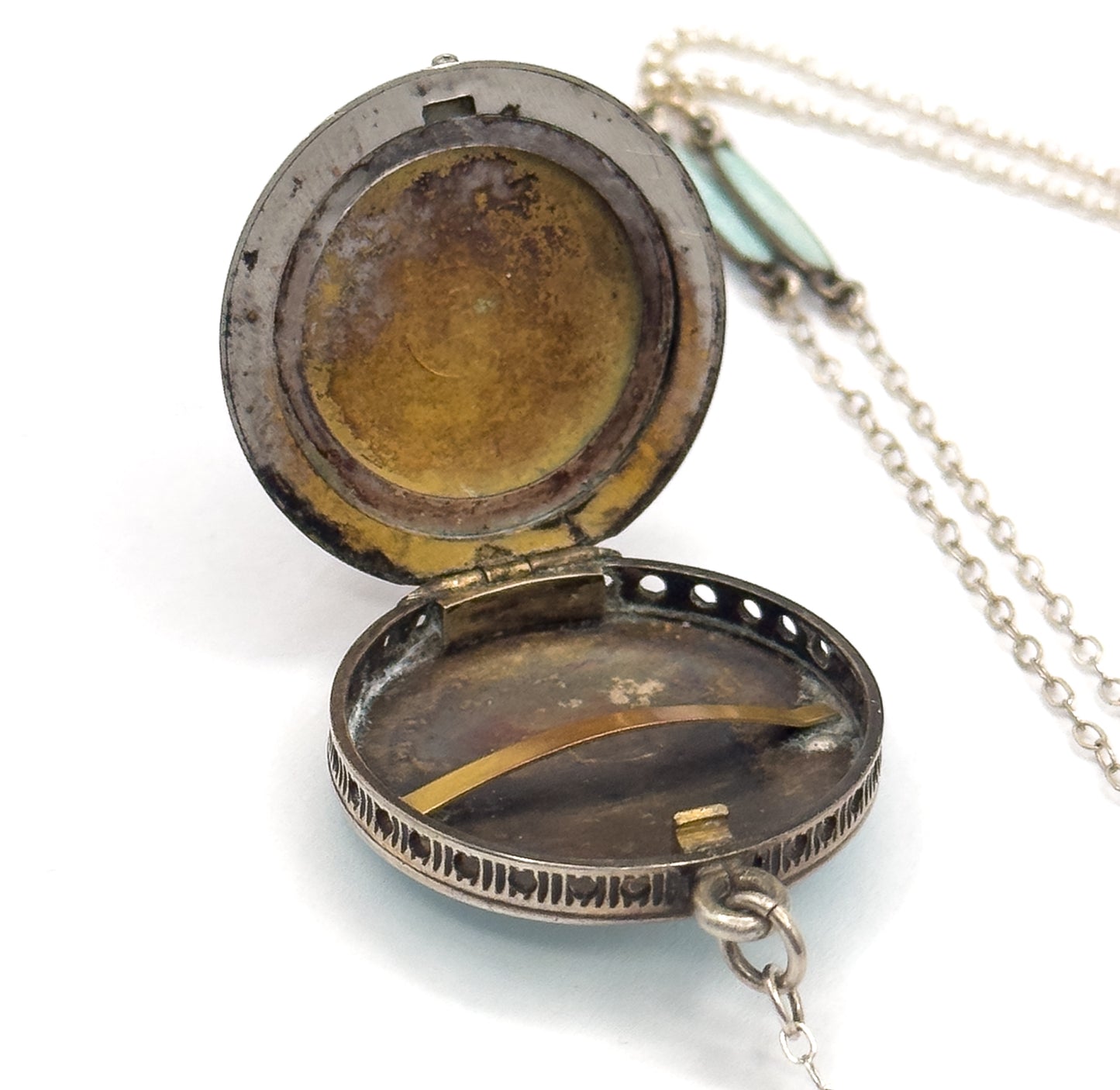 Edwardian Enamel Station Viniagrette Locket Y Drop Necklace in Sterling Silver