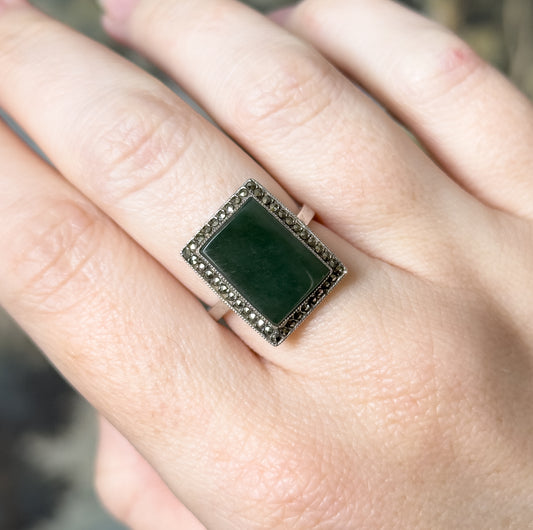 Vintage Nephrite Jade & Marcasite Halo Ring in Sterling Silver