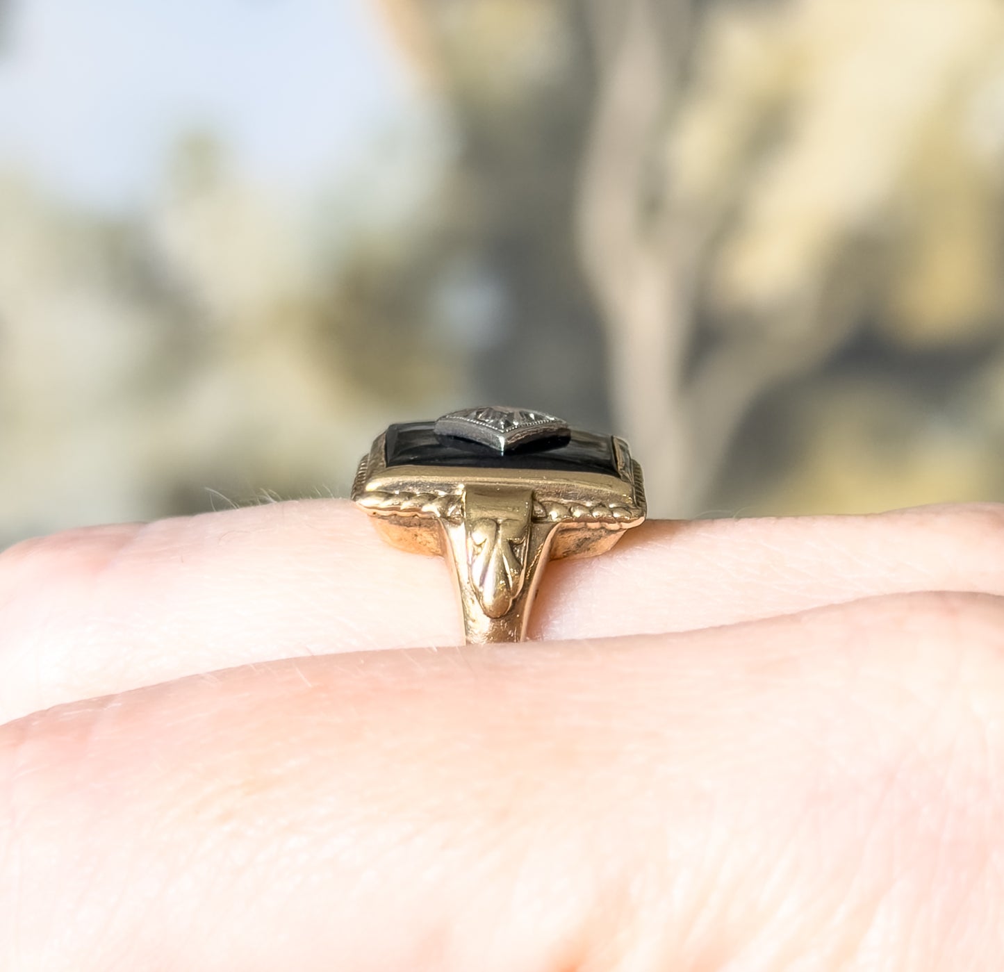 Art Deco Onyx & Old Mine Diamond Ring in 10K Gold