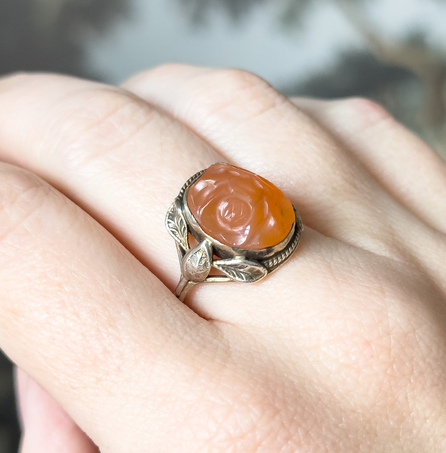Art Nouveau Carved Hardstone Leaf Ring in Sterling Silver
