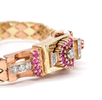 1940s Retro Era Ruby & Diamond Watch Case Bracelet in Rose & Yellow Gold