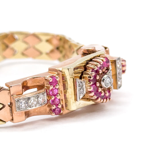 1940s Retro Era Ruby & Diamond Watch Case Bracelet in Rose & Yellow Gold
