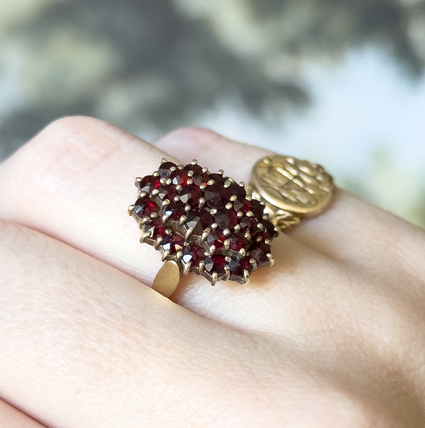 Art Deco Rose Cut Garnet Cluster Ring in 800 Silver