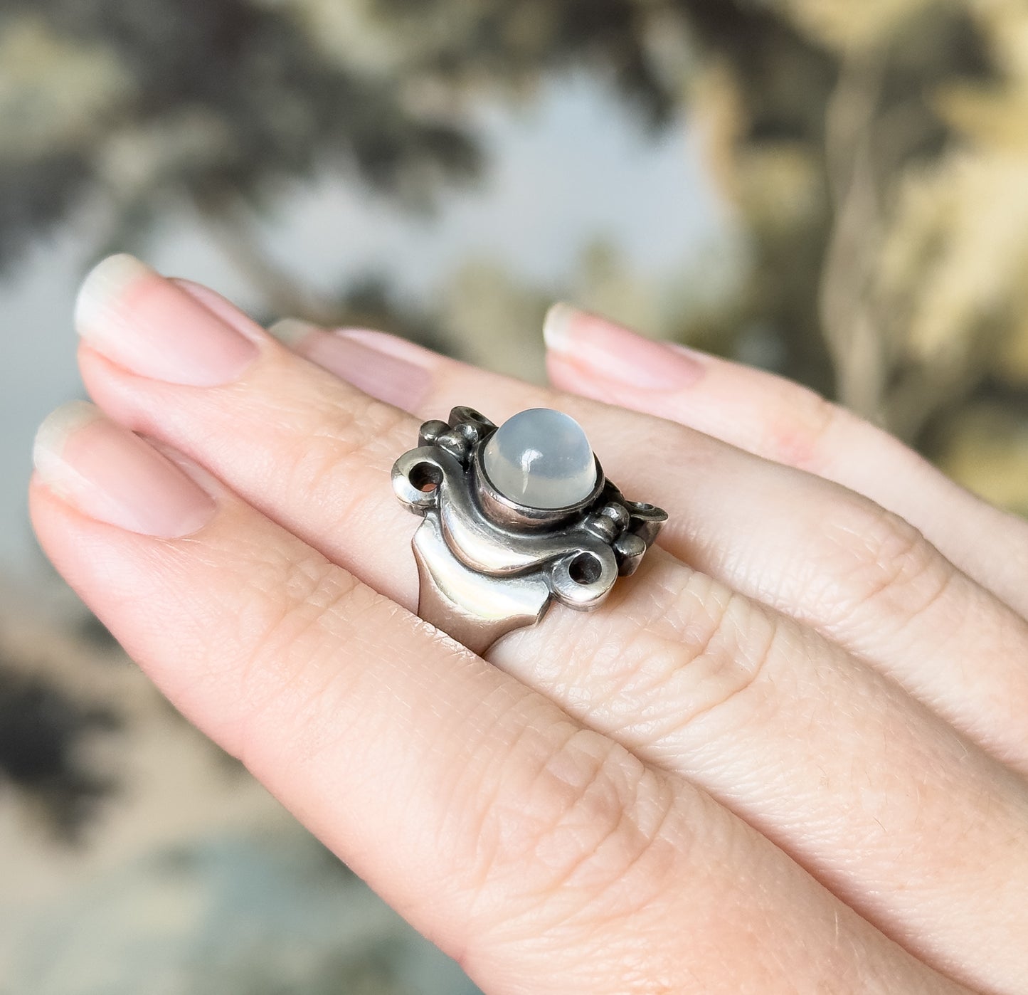 Arts & Crafts Moonstone Cabochon Ring in Sterling Silver