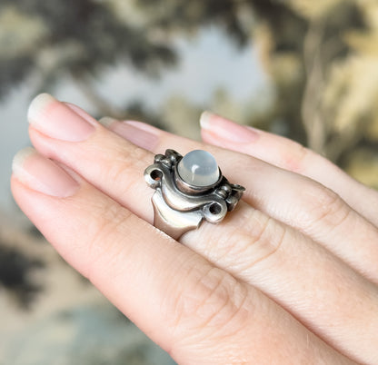 Arts & Crafts Moonstone Cabochon Ring in Sterling Silver