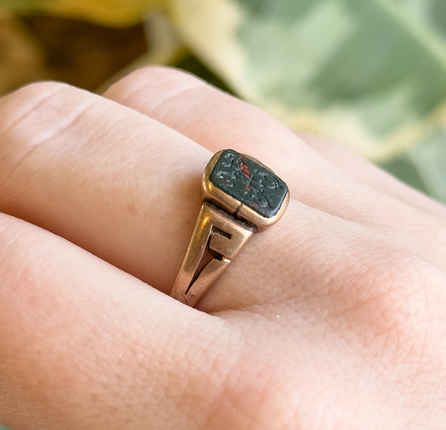 Victorian Bloodstone Signet Ring "H" in Rose Gold