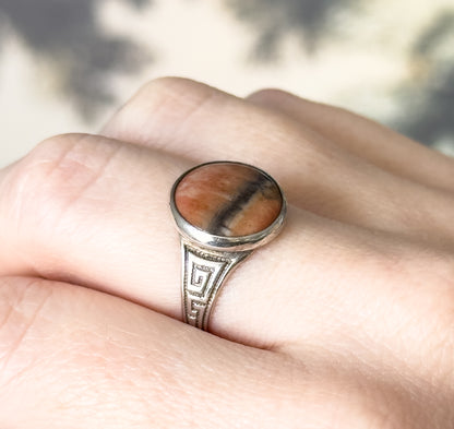 Antique Pink Stone Ring with Greek Key Motif in Silver
