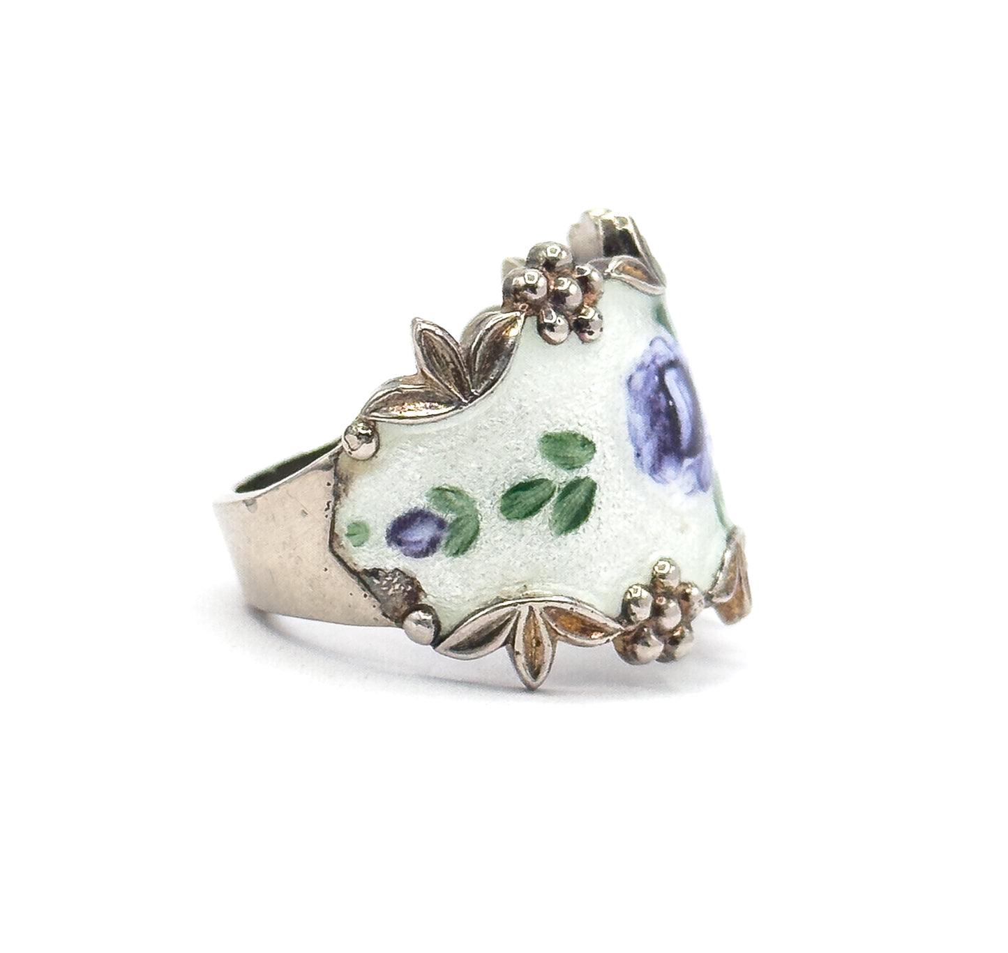 Mid-Century Floral Enamel Cigar Band Ring in Sterling Silver